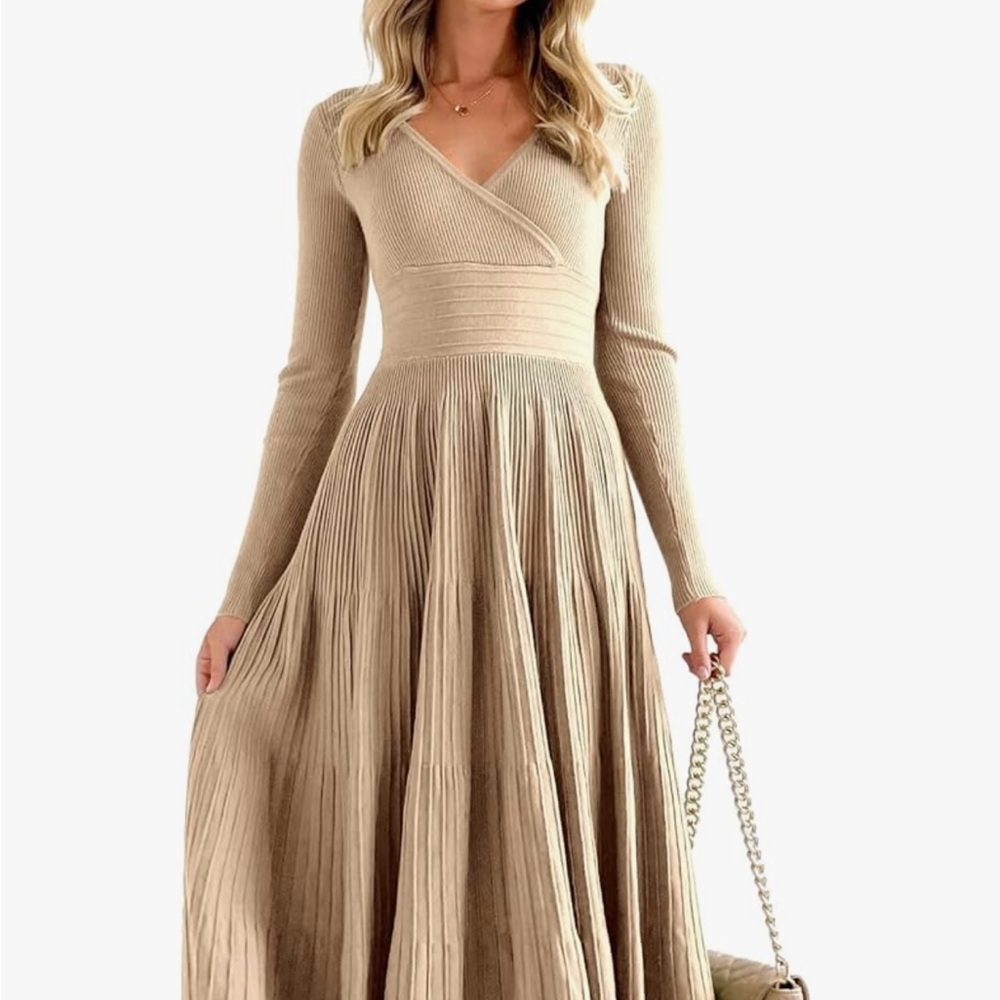 Long-Sleeve Wrap Knit Pleated Maxi Dress - Beige